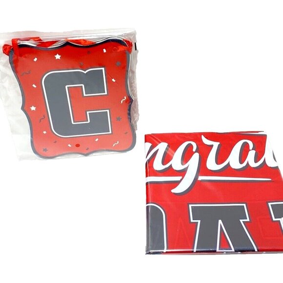 Red Congrats Grad Banner And Rectangular Table Cloth Graduation Party Decor, New - Picture 4 of 6